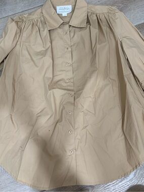 Anthropologie Maeve Tan Button-Up Puff Sleeve Blouse
